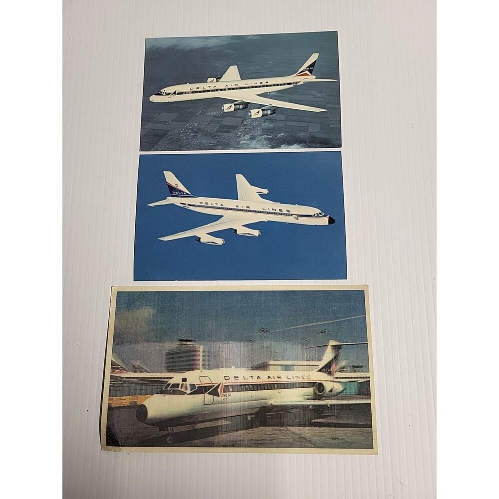 Vintage postcards Delta Airlines dc-9 fanjet, convair 880, douglas dc-8 fanjet.